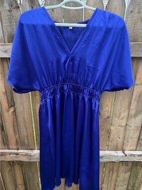 V-Neck Midi Dress in Cobalt Blue with Elastic Waist
